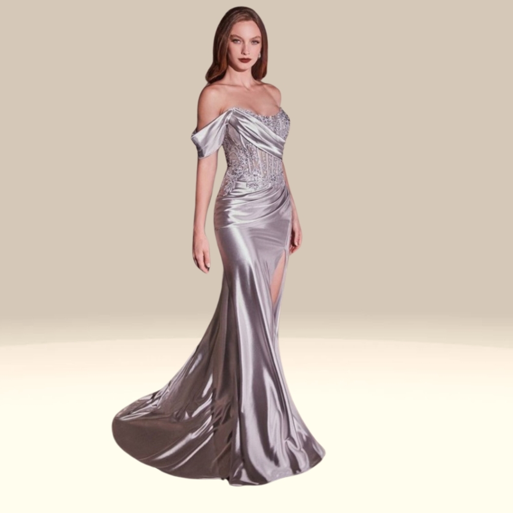 Lace and satin fit and flare gown